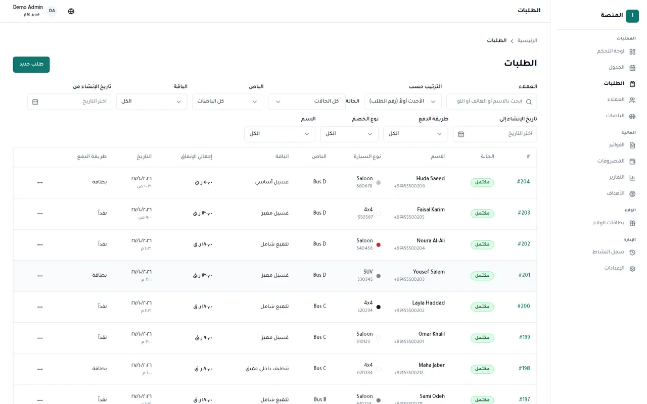 قائمة الطلبات بالعميل والباص والباقة والسعر