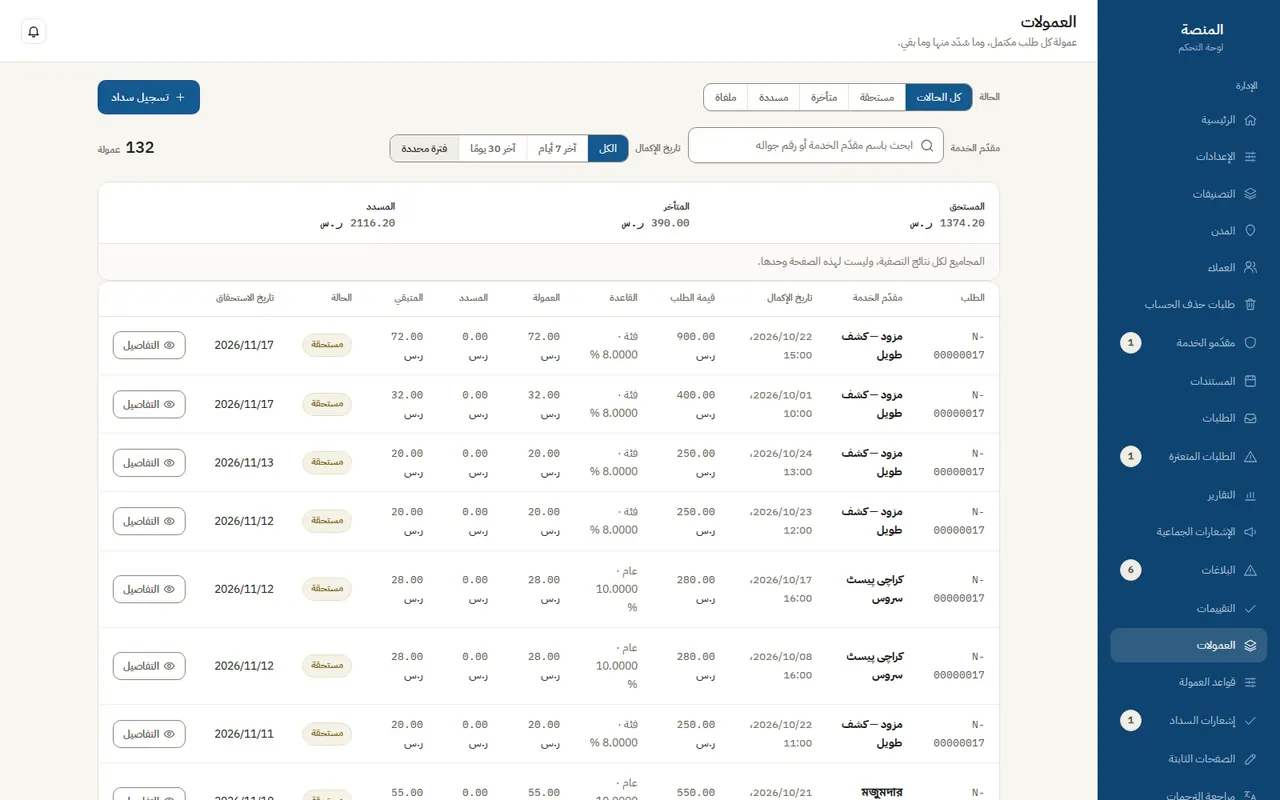 دفتر العمولات وتسويات المزودين