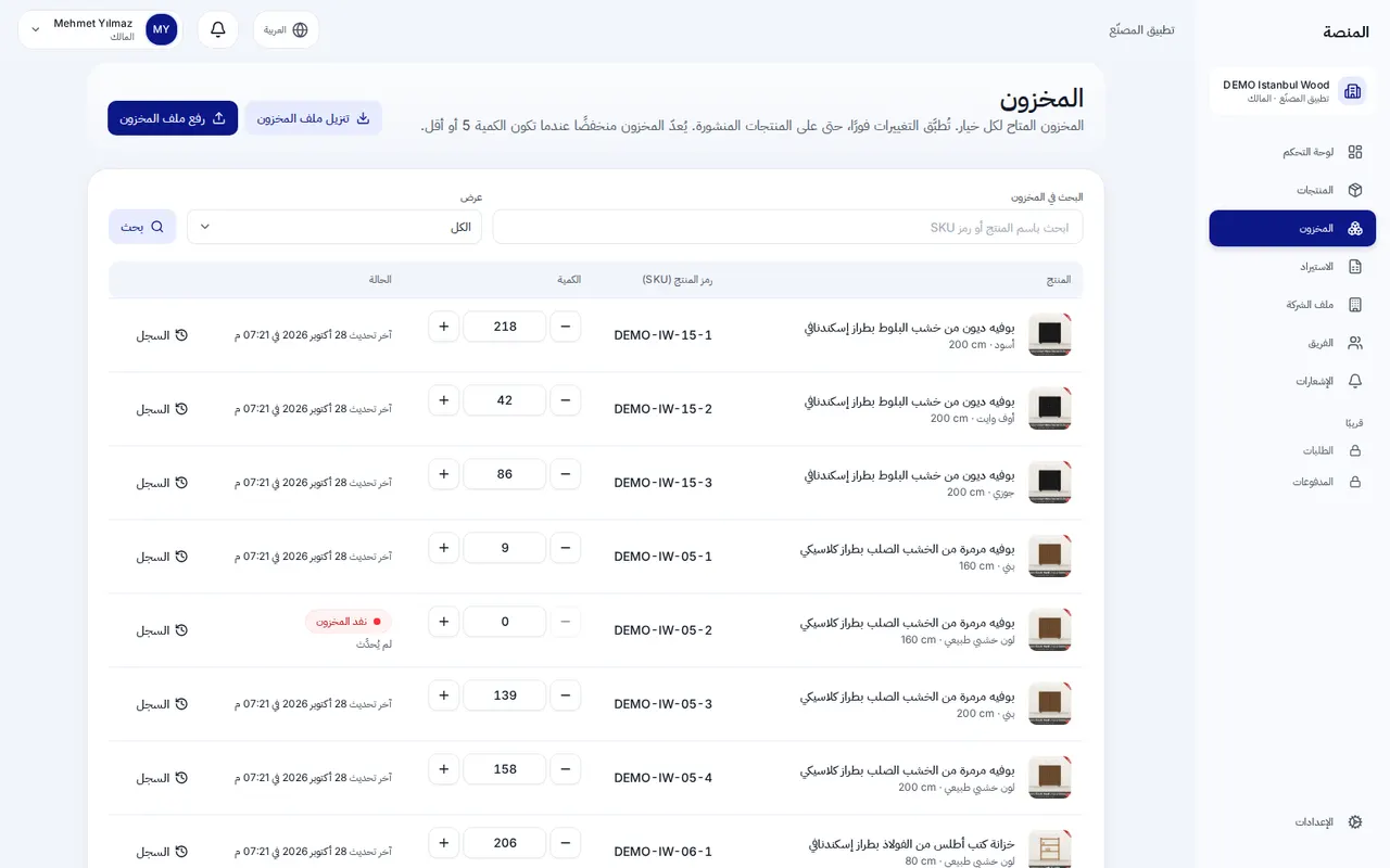 شاشة المخزون لكل خيار من خيارات المنتج