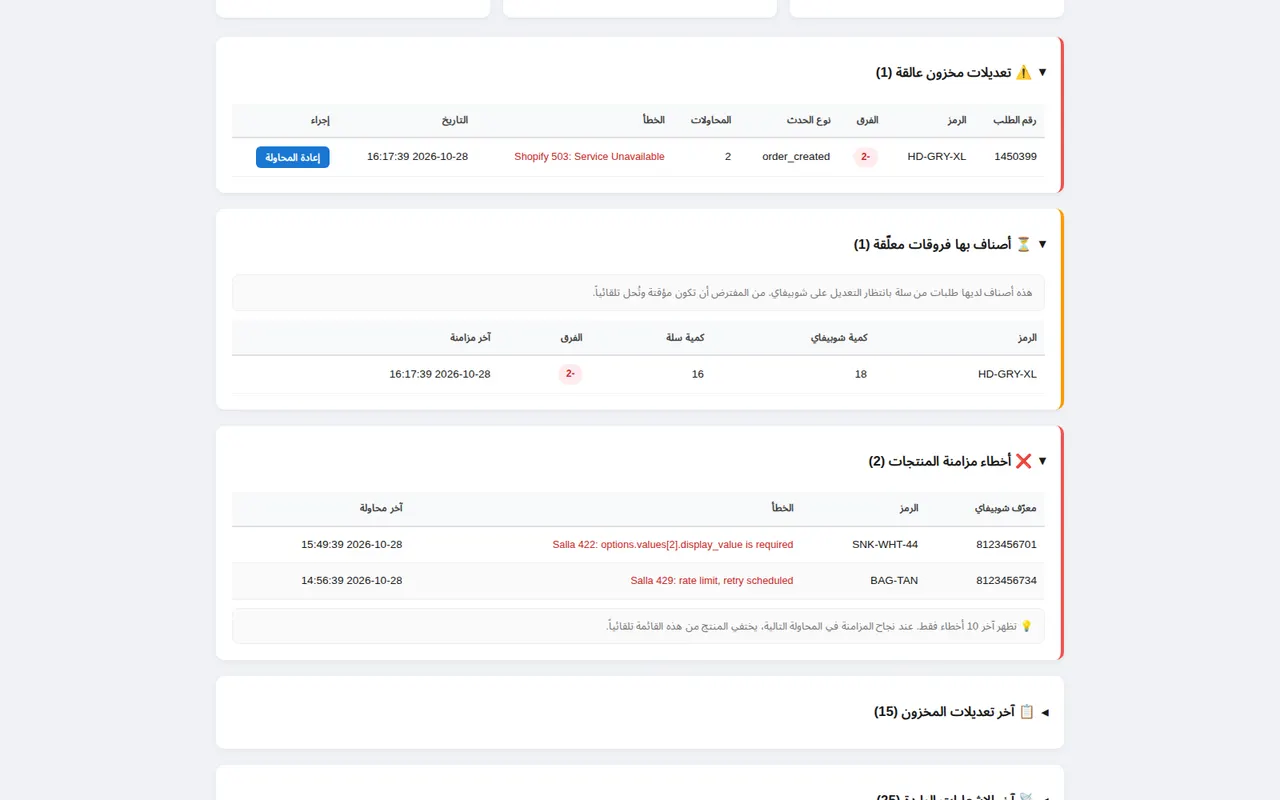 قائمة أخطاء المزامنة في لوحة التشغيل