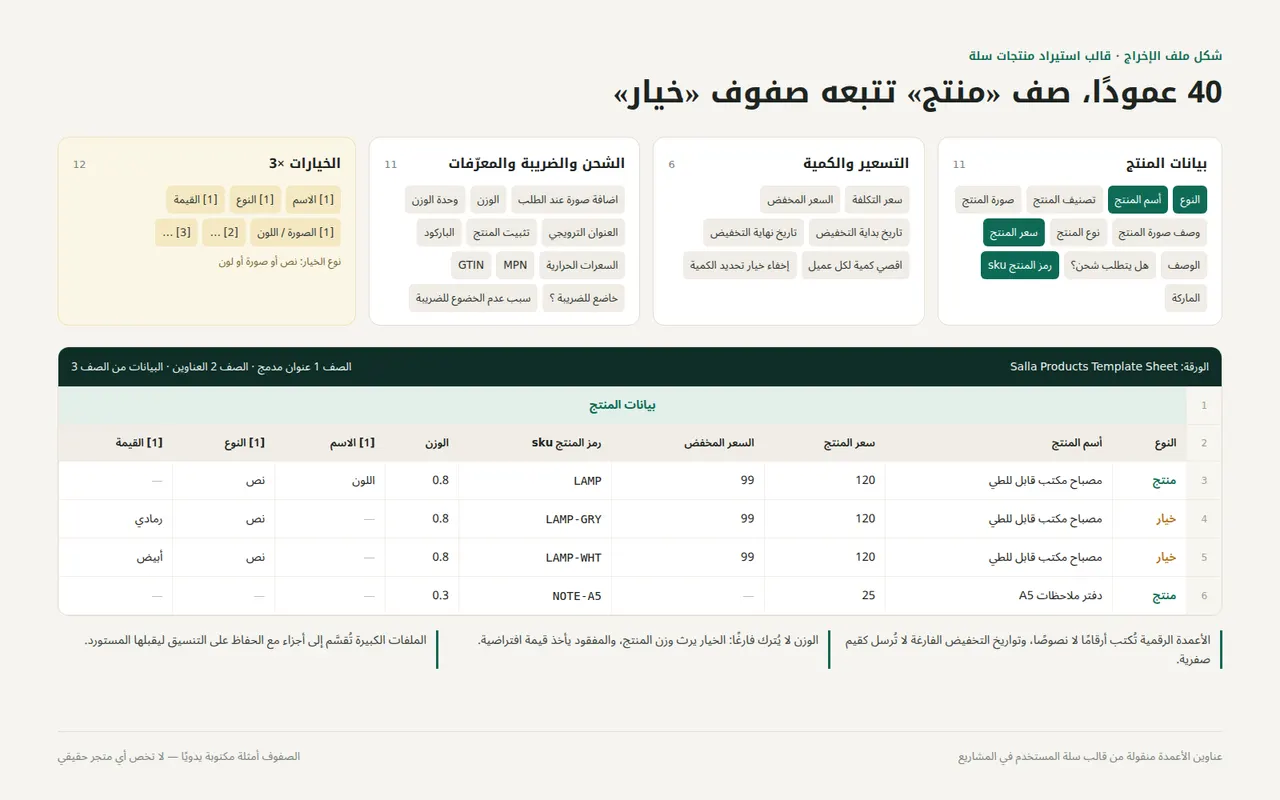 شكل ملف الاستيراد الذي تقبله سلة مع الخيارات والمتغيرات